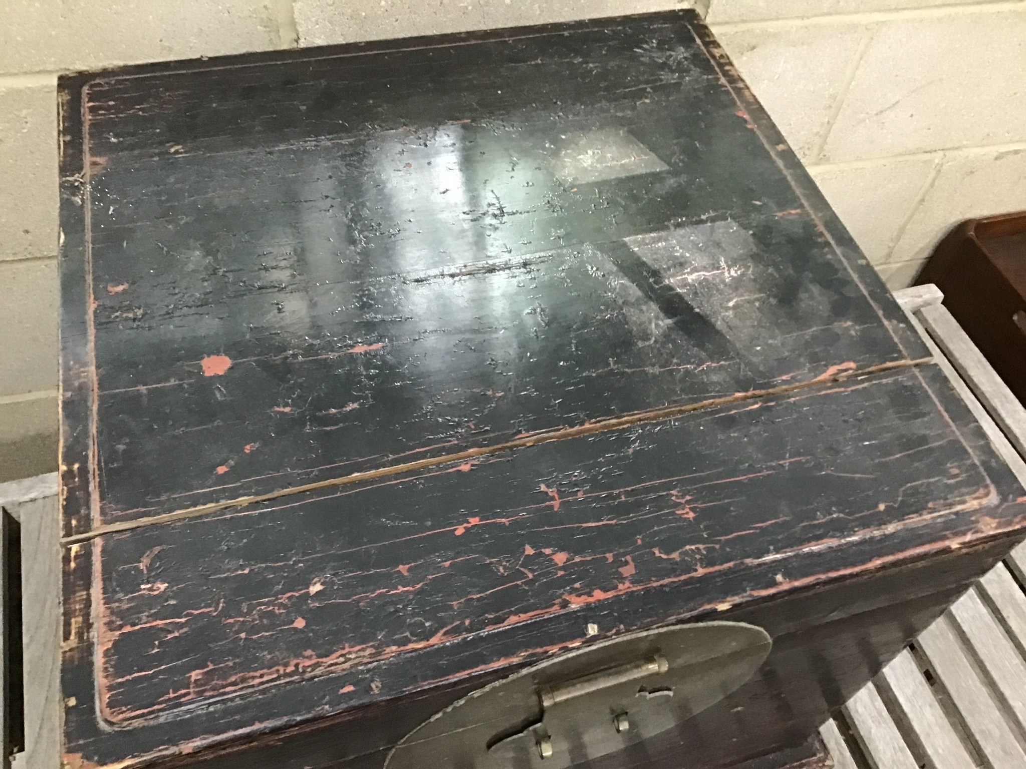 A Chinese square lacquered trunk width 55cm, height 51cm